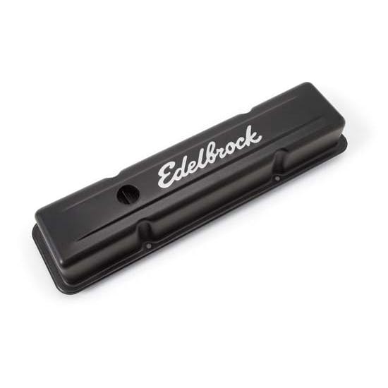 Edelbrock 4443 Signature Series Black Valve Cover Set, SB Chevy 
