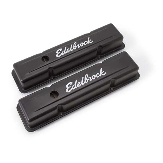 Edelbrock 4443 Signature Series Black Valve Cover Set, SB Chevy 