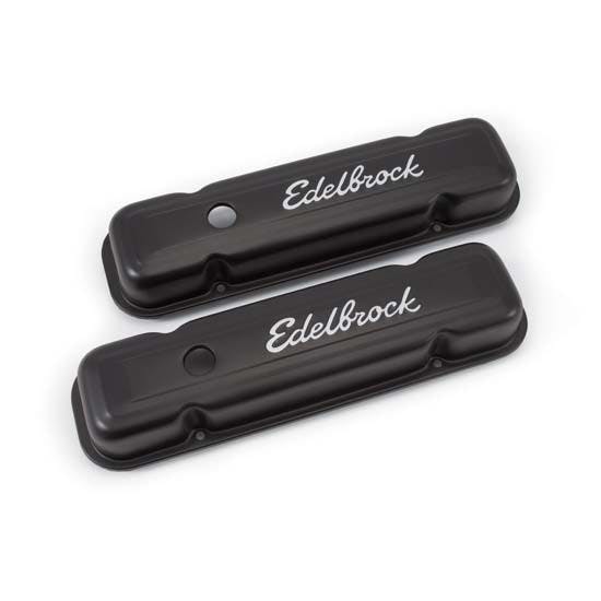 Edelbrock 4453 Signature Series Black Valve Cover Set, Pontiac V8 