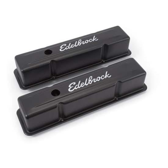 Edelbrock 4643 Signature Series Black Valve Cover Set, SB Chevy 
