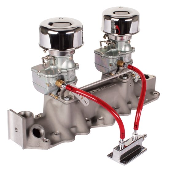Plain 9 Super 7® 2x2 Carb/Offy intake Kit, 1949-53 Flathead  