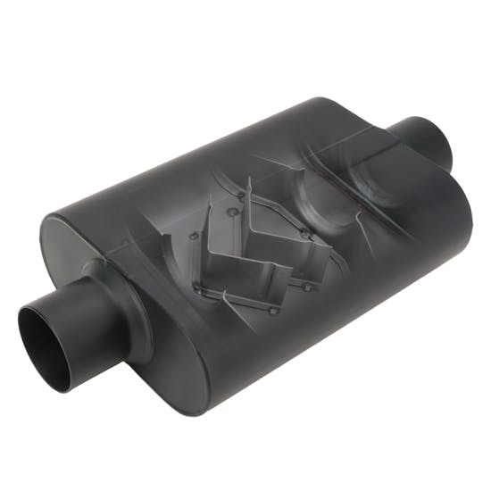 Speedway Welded Chamber Muffler, 3.0 Center Inlet/2.5 Dual Outlet