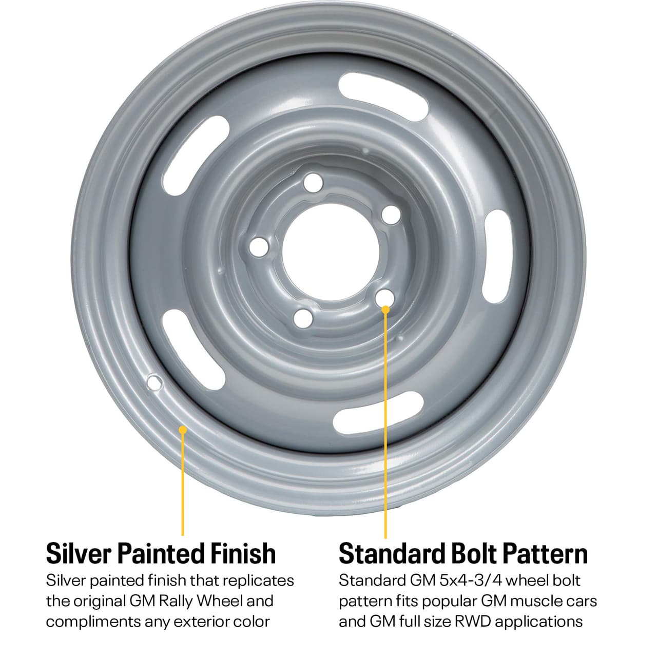 GM Style Rally Wheels, Beauty Rings, Derby Caps, 5 on 4.75, Silv.