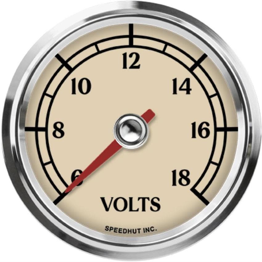 Speedhut L25-V1-ATQ 2-5/8" Voltmeter, 6-18V w/Warning, Antique