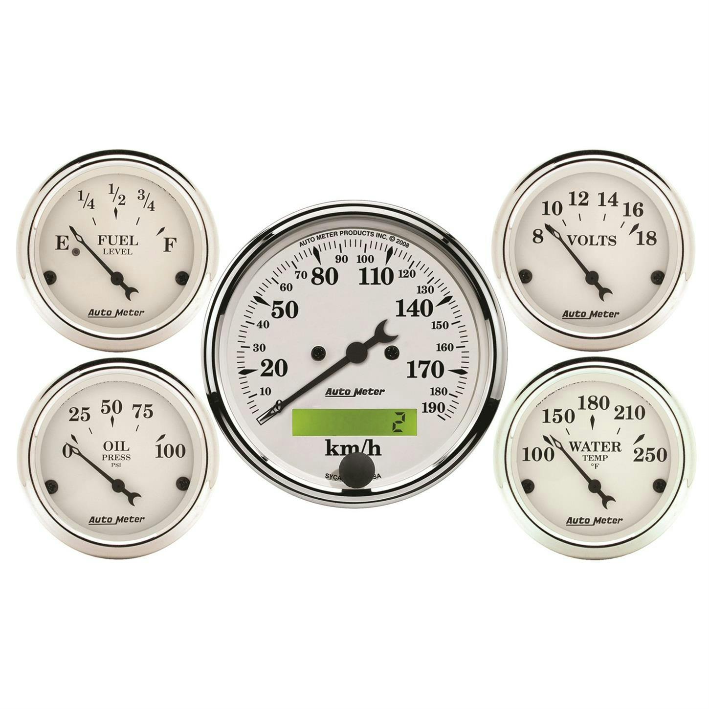 AutoMeter 1602-M 5 Pc. Gauge Kit, ElectricKMH Speedo., White