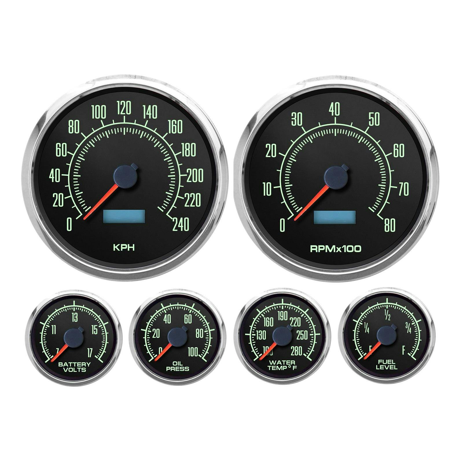 New Vintage USA 69659-01M 6 Gauge Kit 1969 Series 4 3/8" KM/H