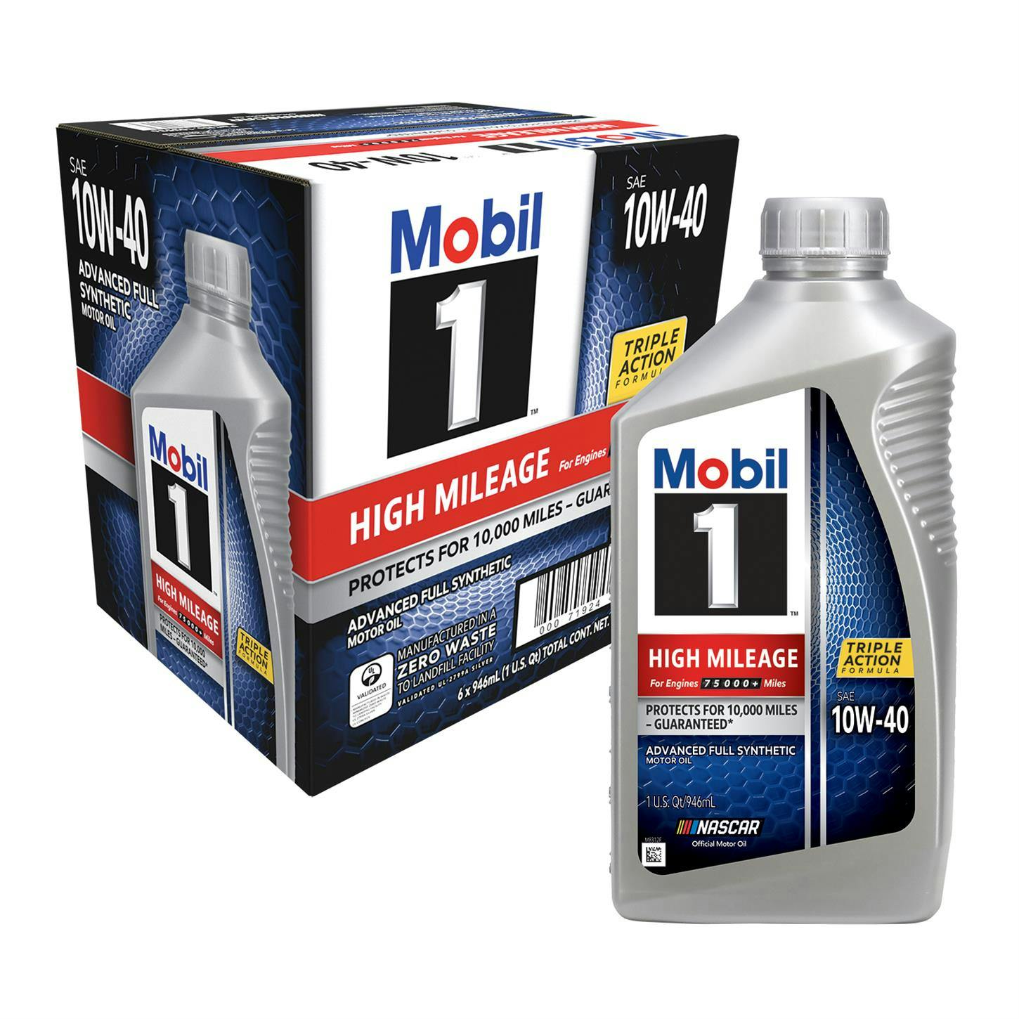 Mobil 1 High Mileage Full Synthetic Motor Oil 10W-40 1 Qt, Case/6
