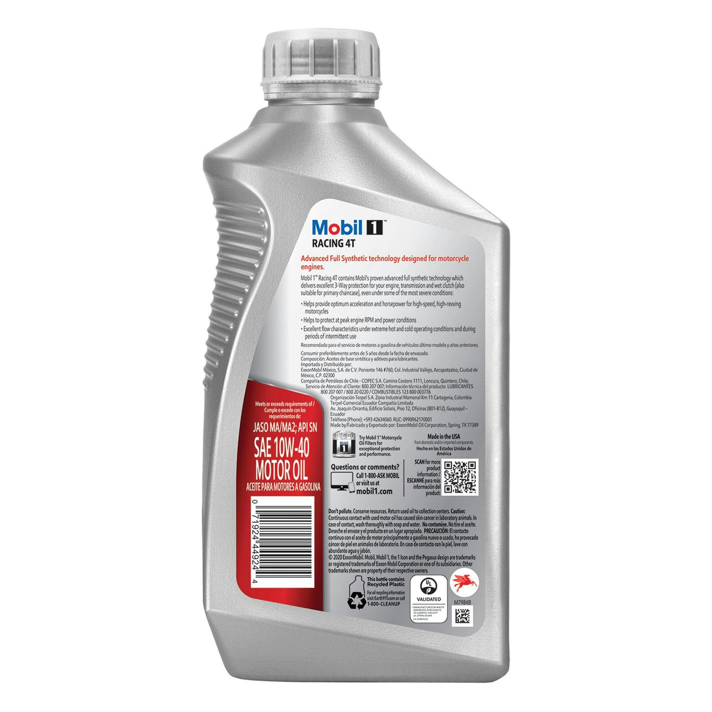 Mobil 1 Racing 4T Full Synthetic Motorcycle Oil 10W-40, 1 Quart