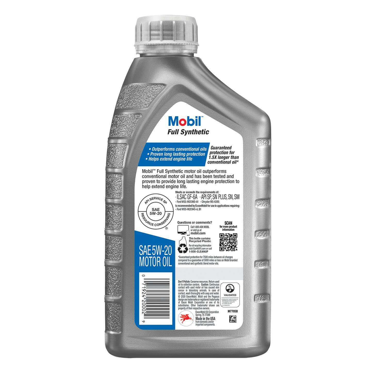 Mobil Full Synthetic Motor Oil 5W-20, 1 Quart