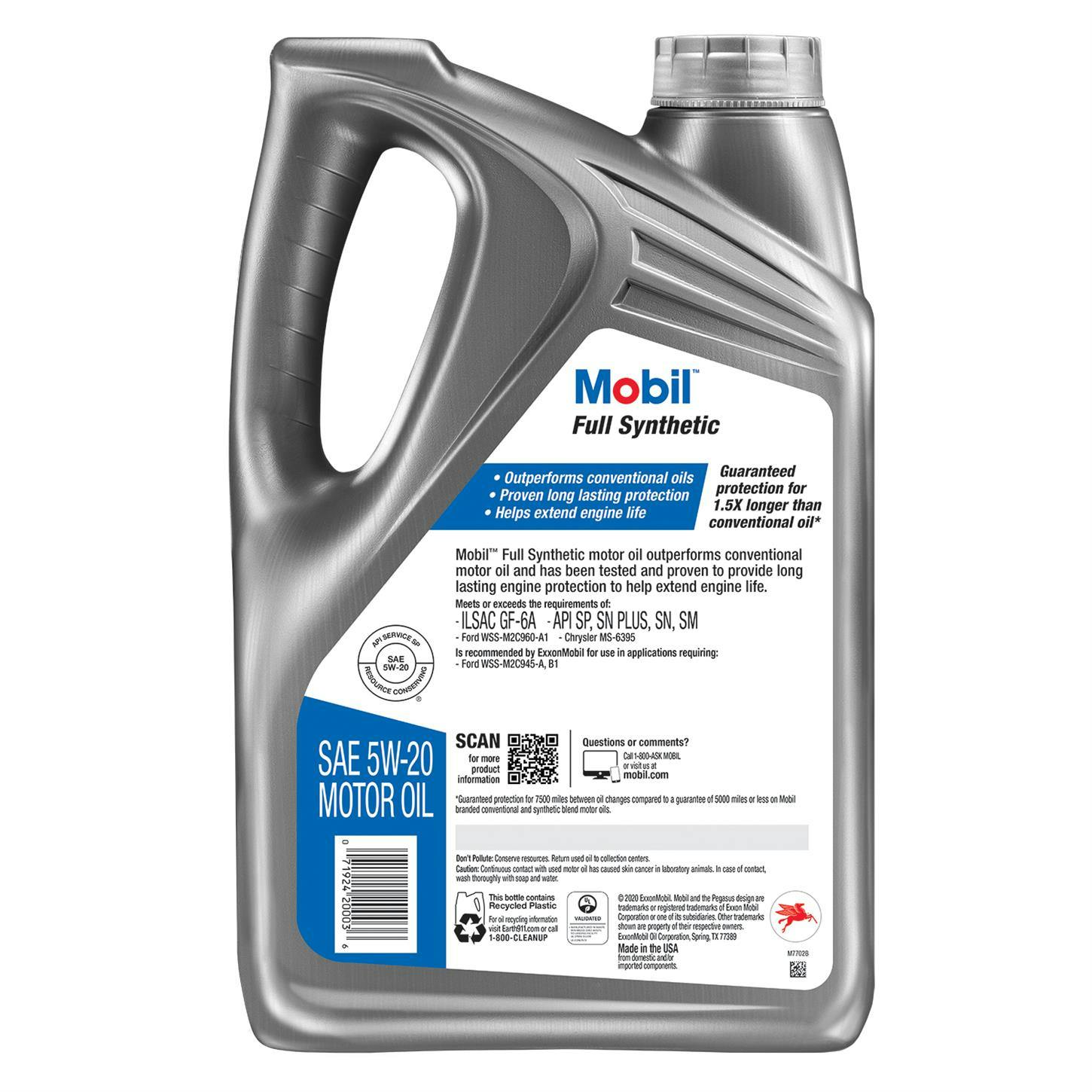 Mobil Full Synthetic Motor Oil 5W-20, 5 Quart