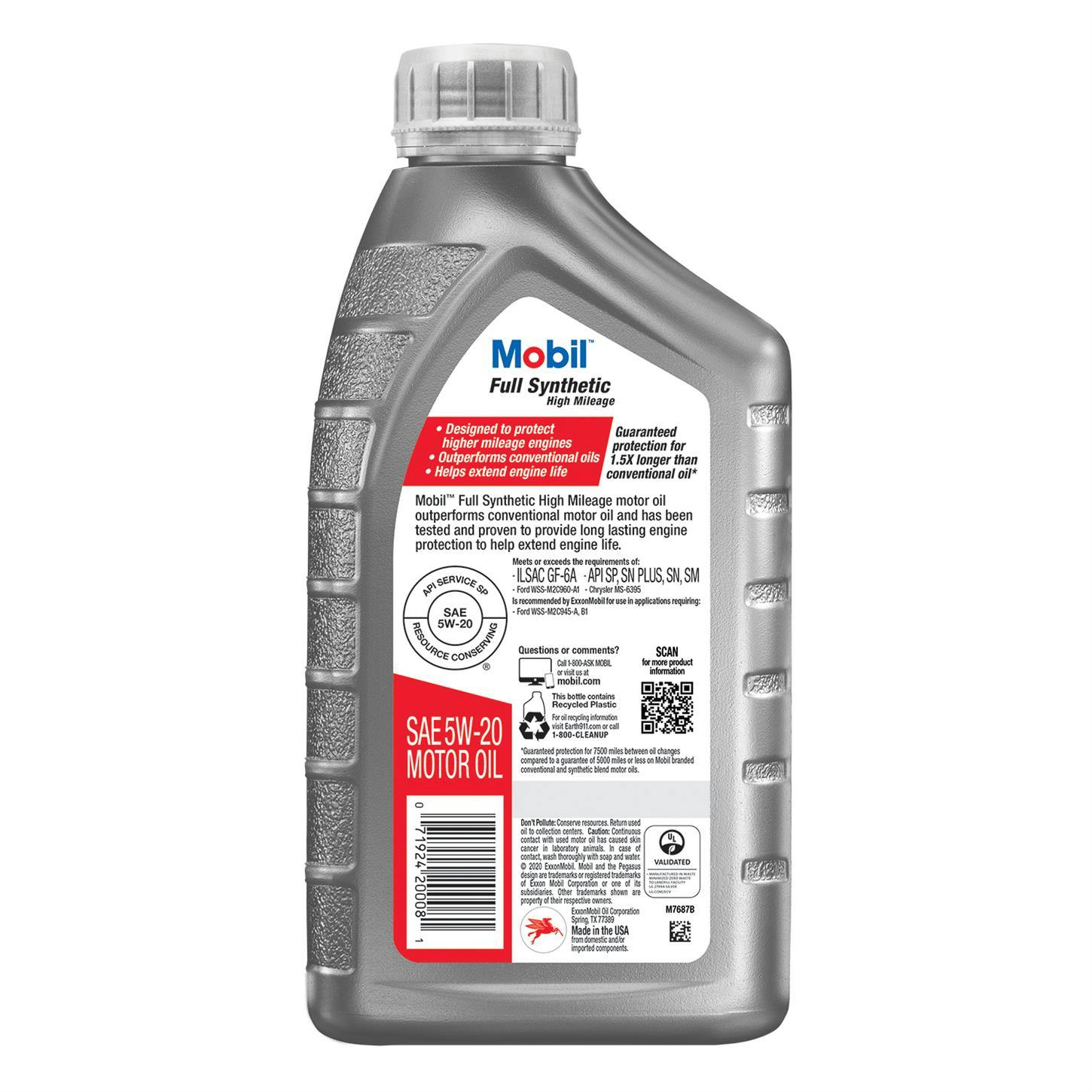 Mobil Full Synthetic High Mileage Motor Oil 5W-20, 1 Quart