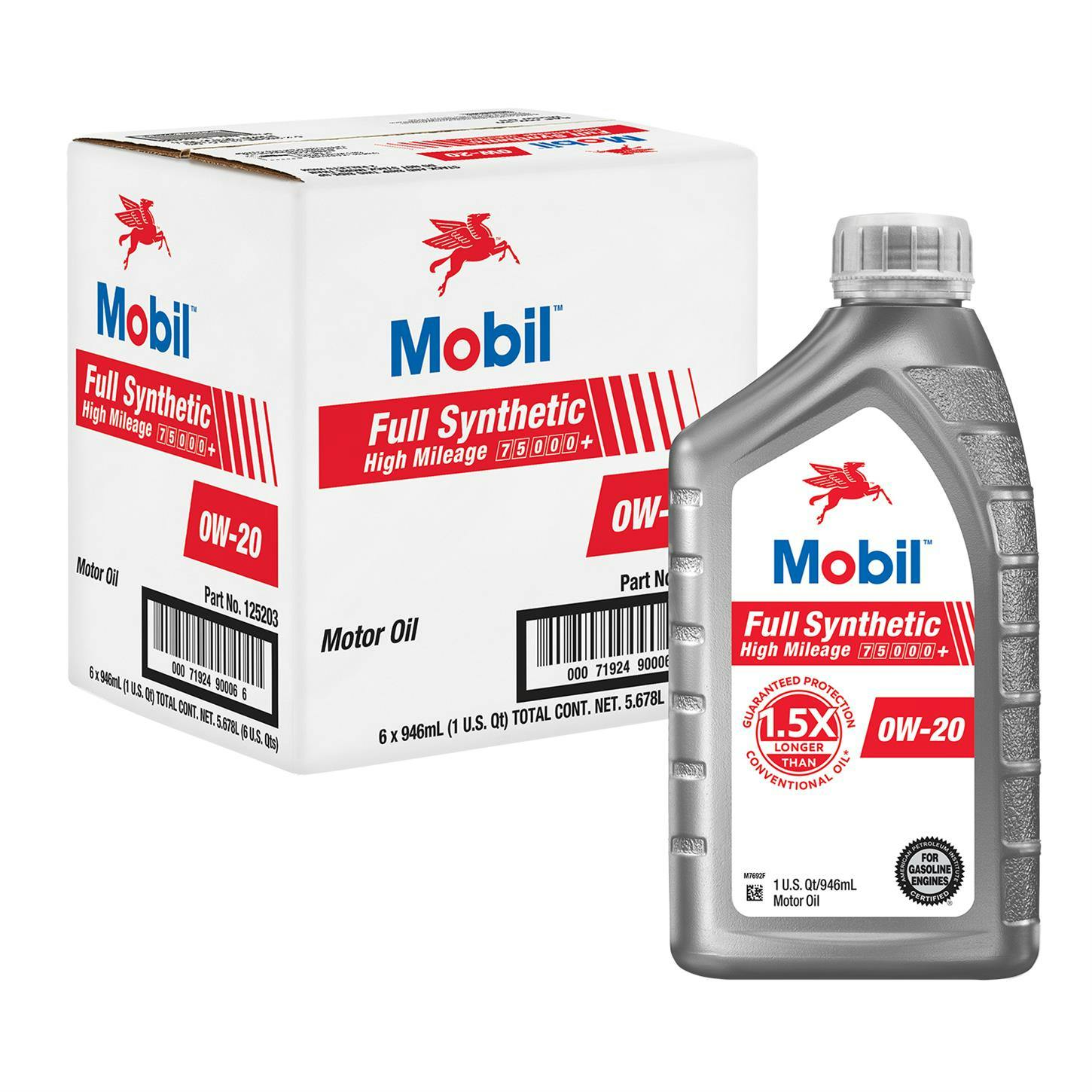 Mobil Full Synthetic High Mileage Motor Oil 0W-20, 1 Qt, Case/6