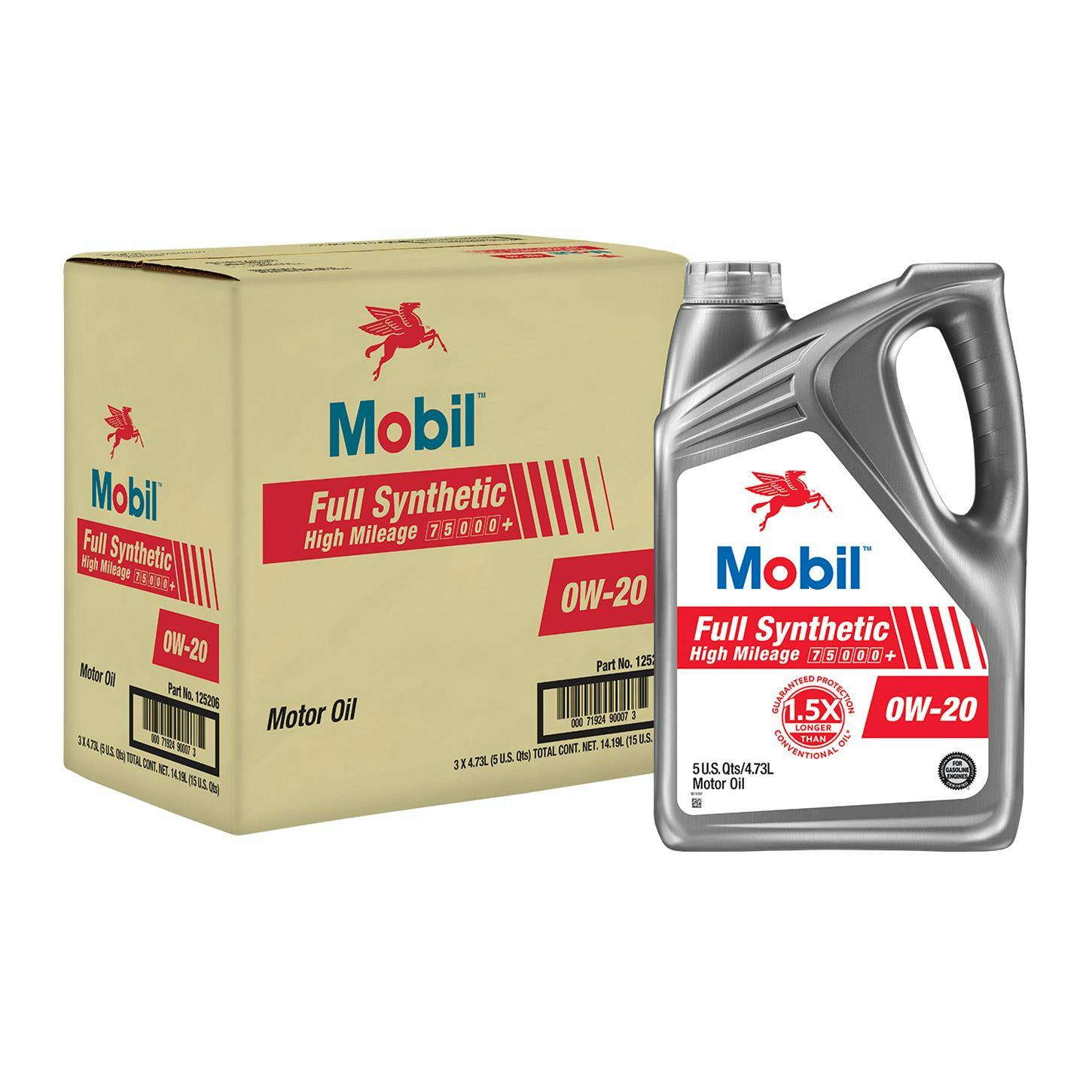 Mobil Full Synthetic High Mileage Motor Oil 0W-20, 5 Qt, Case/3