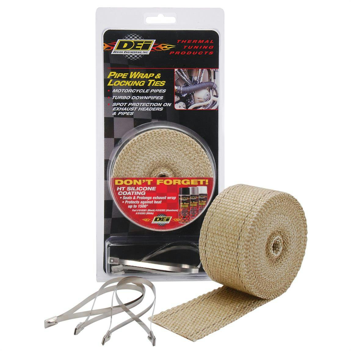 DEi 010122 Exhaust Pipe Wrap and Locking Ties Kit, 2 Inch x 25 Ft, Tan