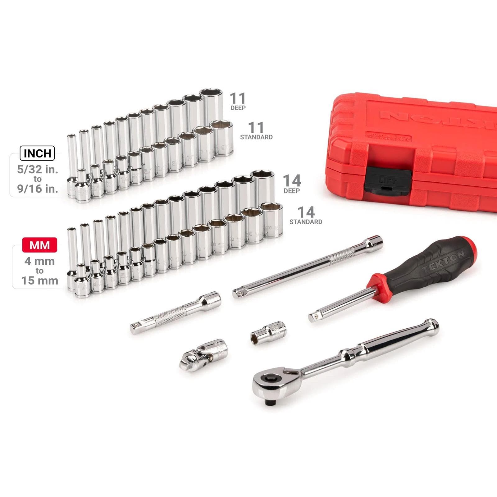 Tekton SKT05303 56 Piece 1/4 In. Drive Socket/Ratchet Set W/ Case