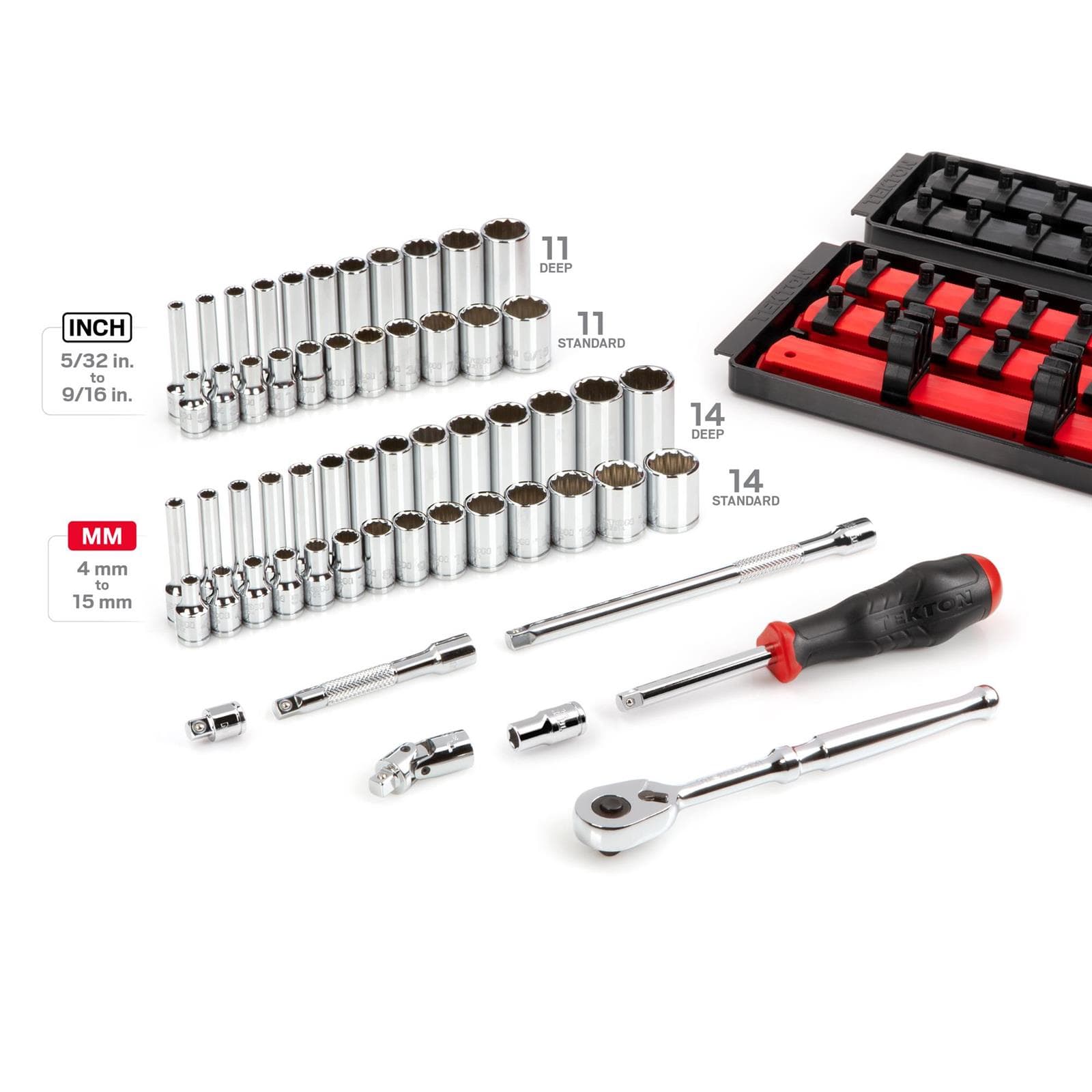 Tekton SKT03302 1/4" Drive 12-Point Socket/Ratchet Set, 57-Piece