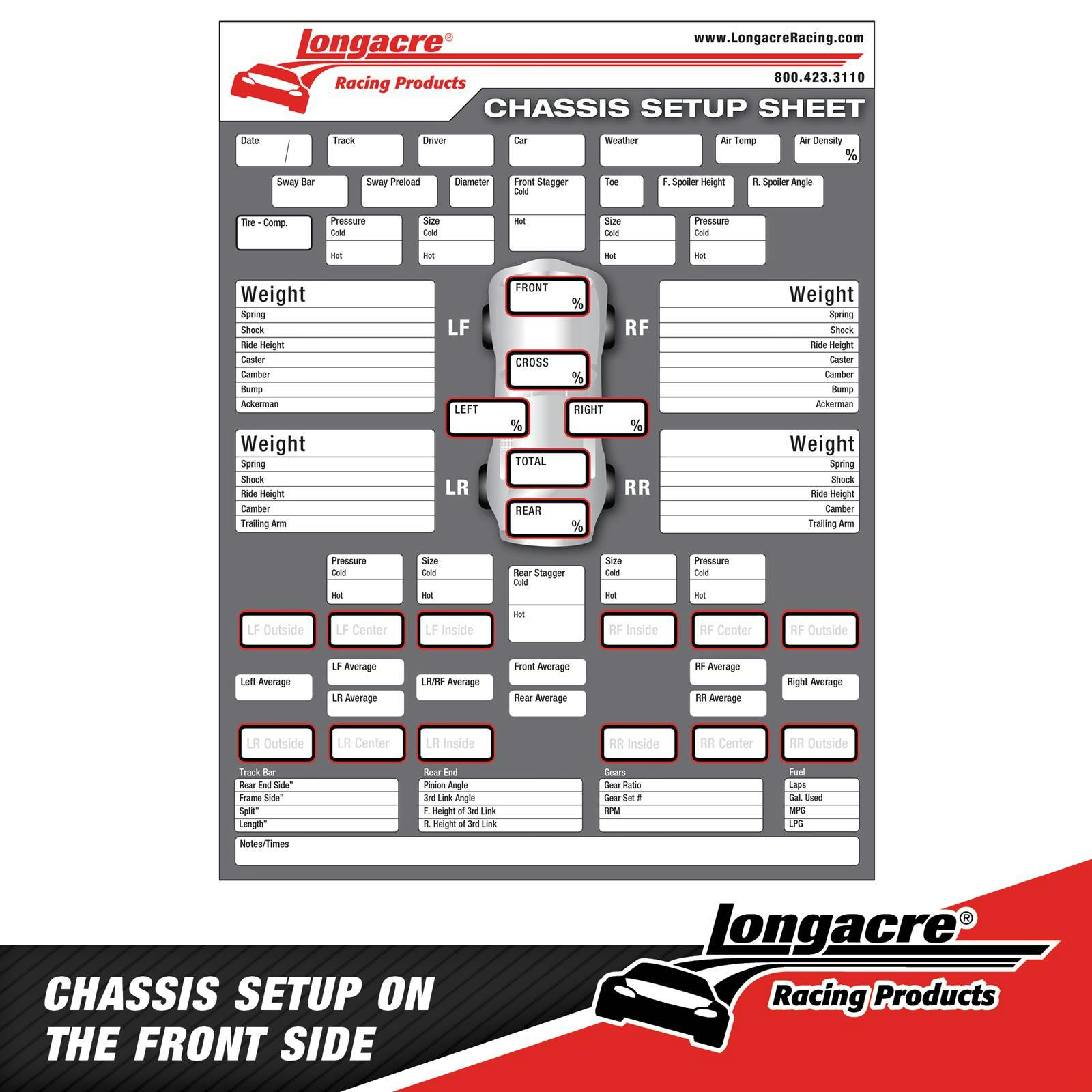 Longacre® 52-22528 Chassis Set-Up/Tire Chart, 1 Pad/50 Sheets