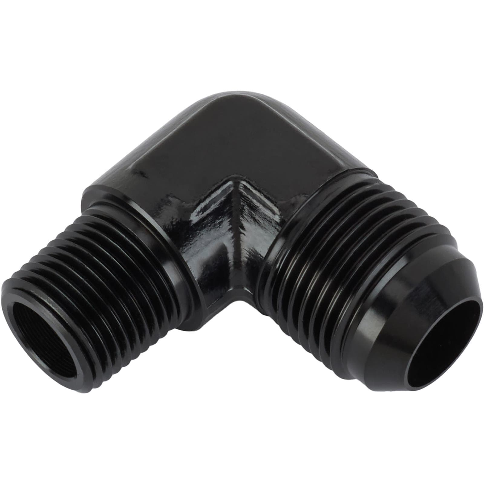 90 Degree Flare Adapter Elbow Fitting, -12 AN to 1/2 Inch NPT, Black