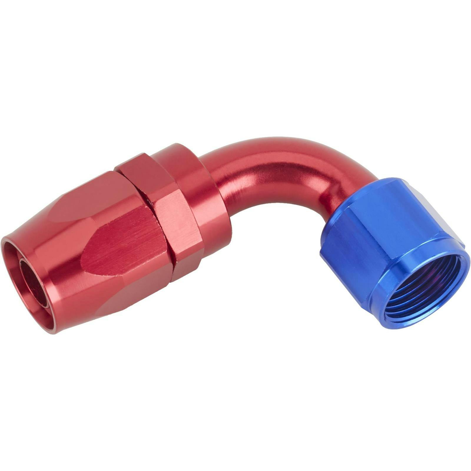 Speedway Full Flow Swivel Hose End Fitting, 90 Degree, Red/Blue -10 AN