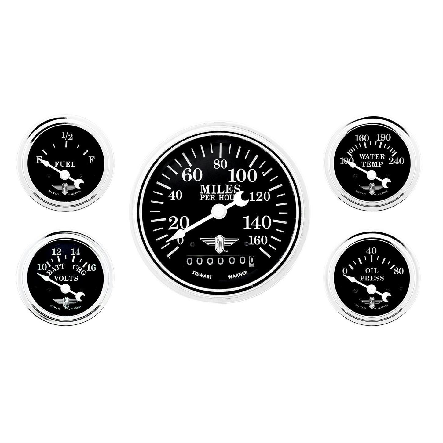 Stewart Warner 82227 Five Gauge Set, Electric/Mechanical, Black