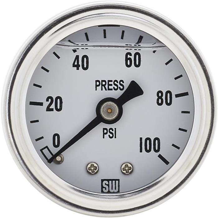 Stewart Warner 838141 Liquid Filled Pressure Gauge, 100 PSI White