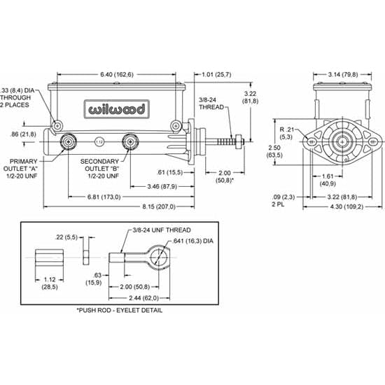 Wilwood 260-12900 High Volume Tandem Master Cylinder, 7/8 In., Mustang