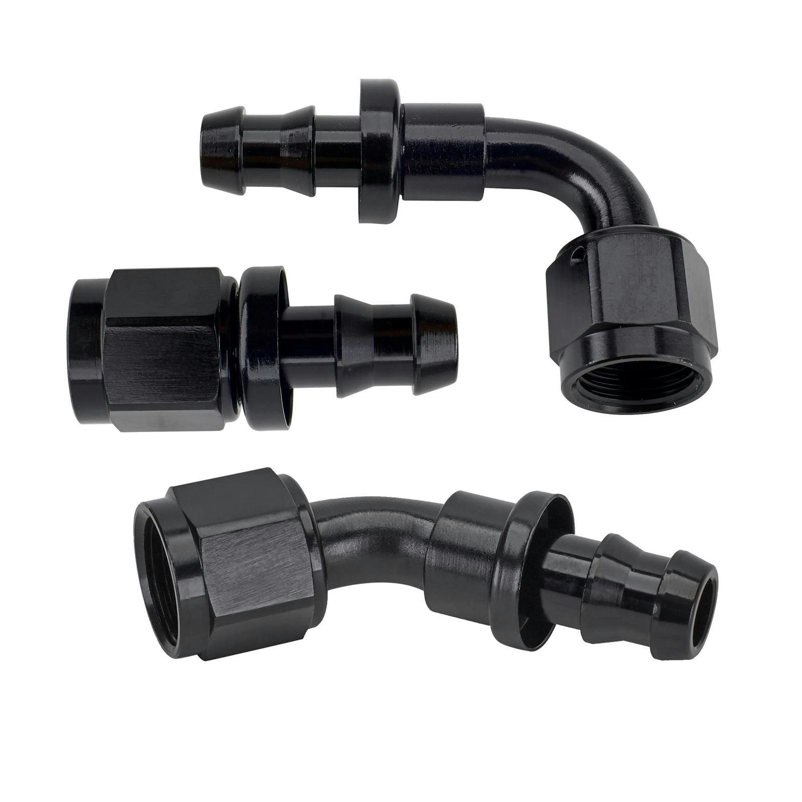 Black Socketless Push-On Hose End Fittings, AN8, Straight/45/90