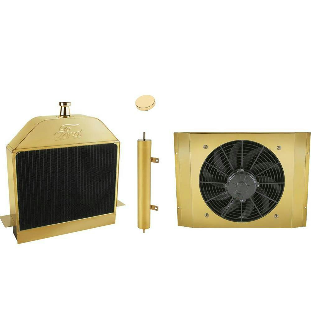 Brass T-Bucket Radiator, Fan, Shroud, Overflow Tank and Cap Kit