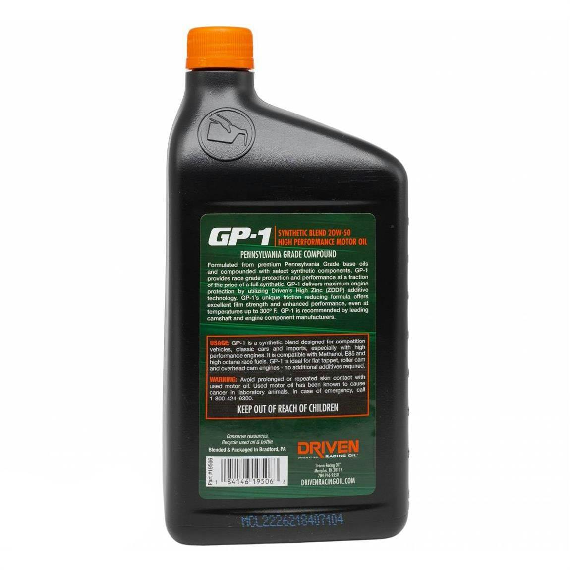 Driven Racing Oil 19506 GP-1 Synthetic Blend 20W50 Oil, 1 Quart