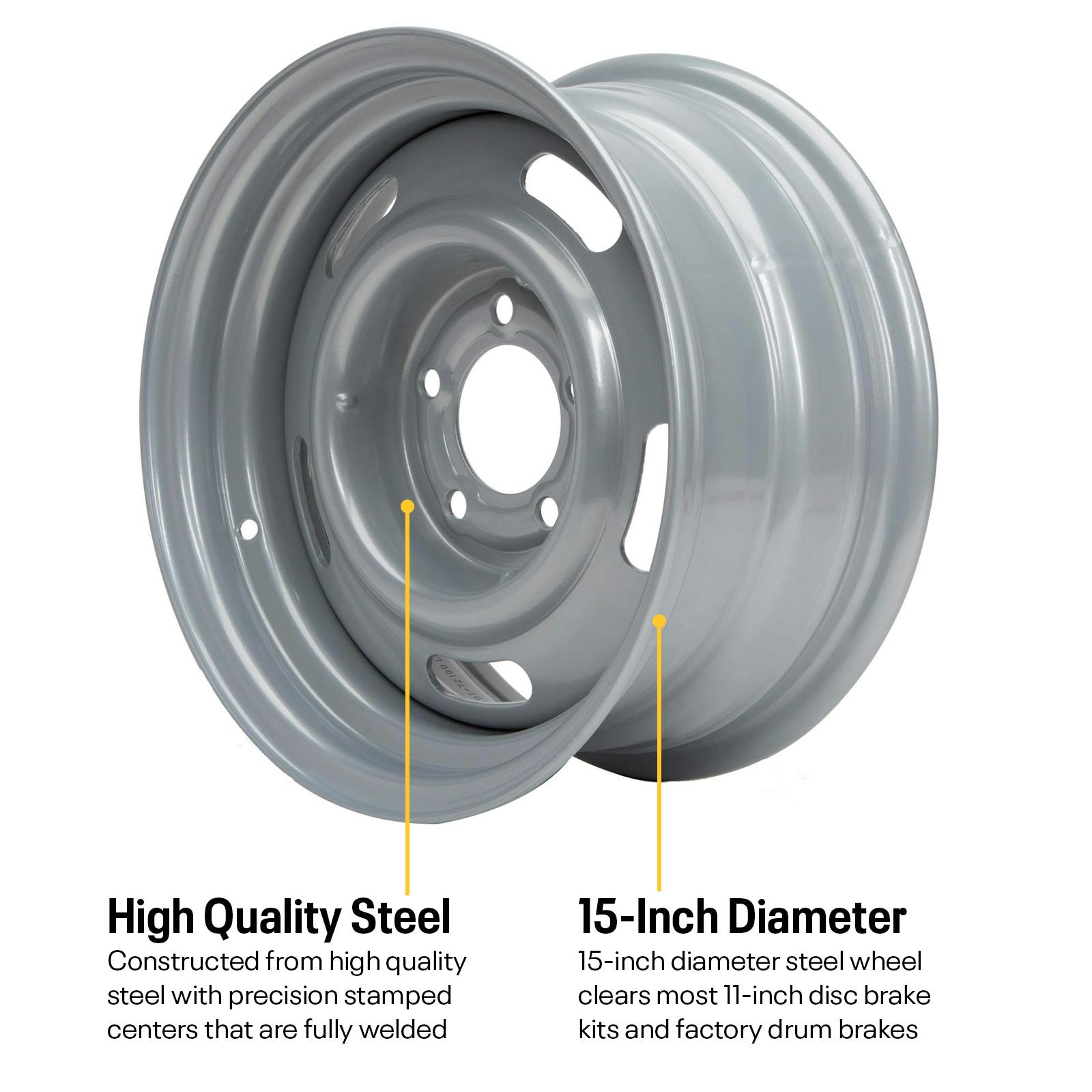 Speedway GM Style 15x8 In Rally Wheel, 5 on 4.75 Inch BP, Silver