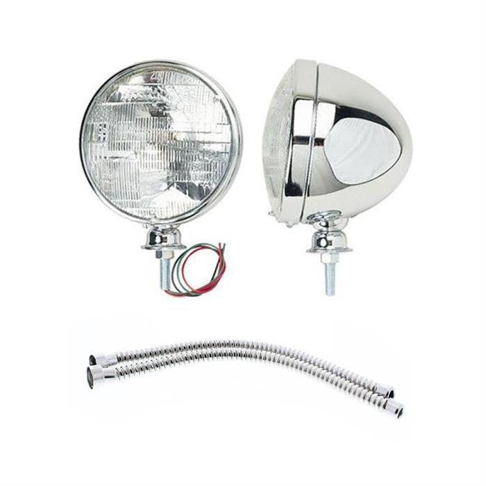 Chrome Dietz Type Headlights and Stainless Conduit Set, 12 Inch
