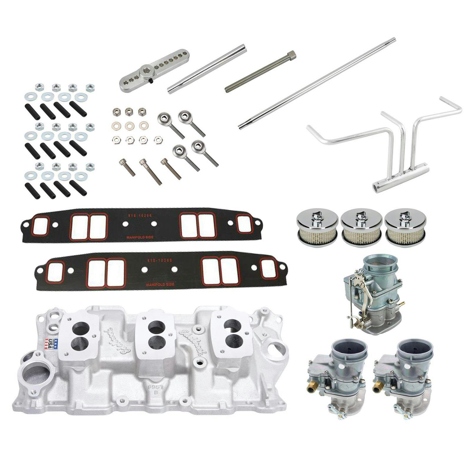 1957-86 SBC 3x2 Carb/Intake Manifold Kit w/Stainless Lines