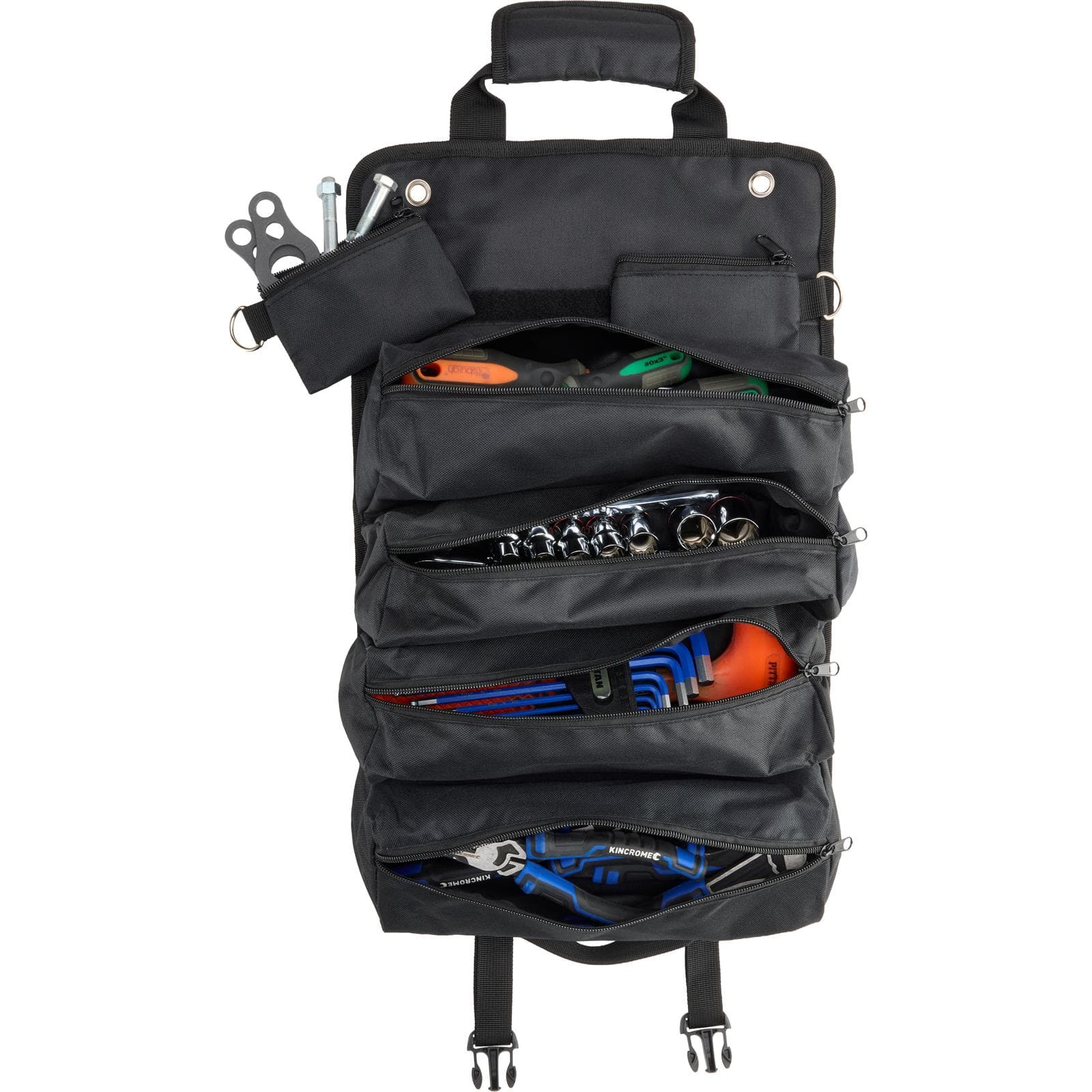 Black Canvas Roll Up Tool Bag Organizer With Six Zipper Pockets