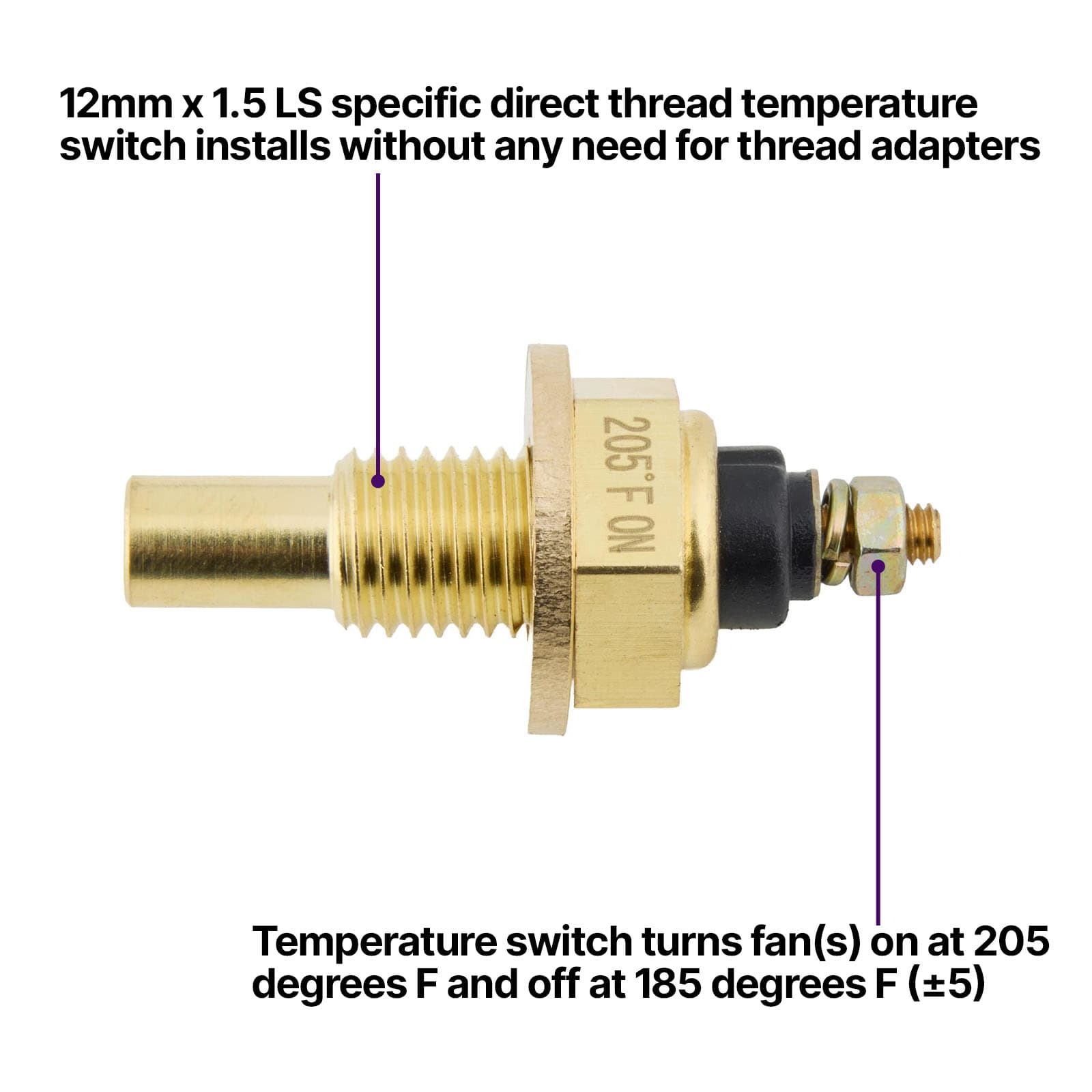 GM LS 12MM Water Temp Radiator Fan Control Switch, 205F