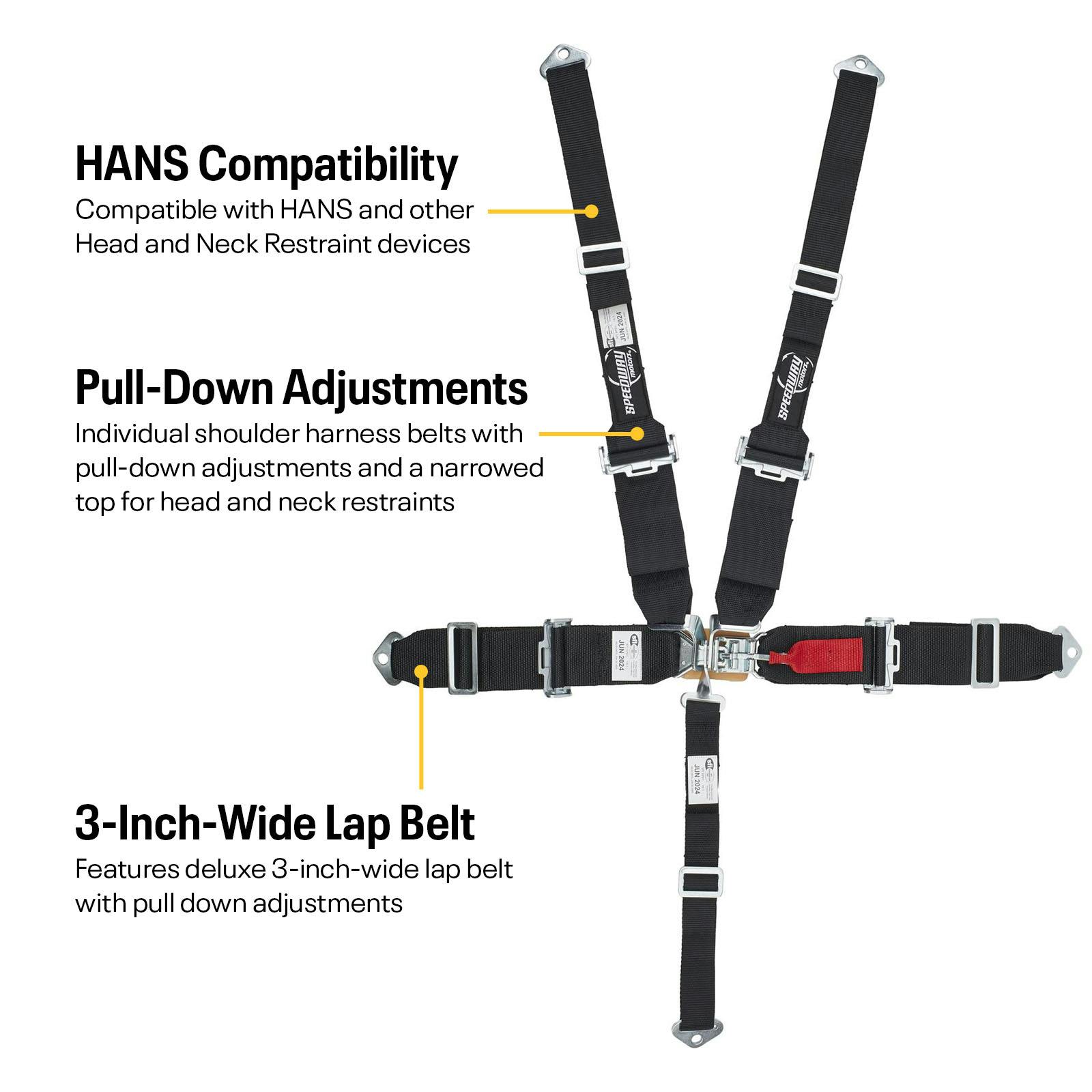 Speedway Motors 5 Point Seat Belt Harness, Latch, Hans, Black