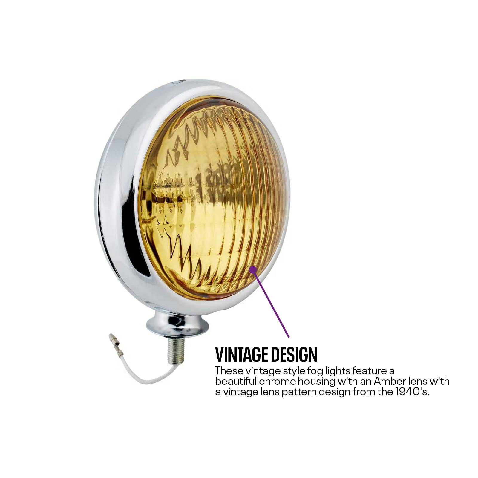 Chrome Vintage Fog Light, 12 Volt, Amber Lens - 2 PK