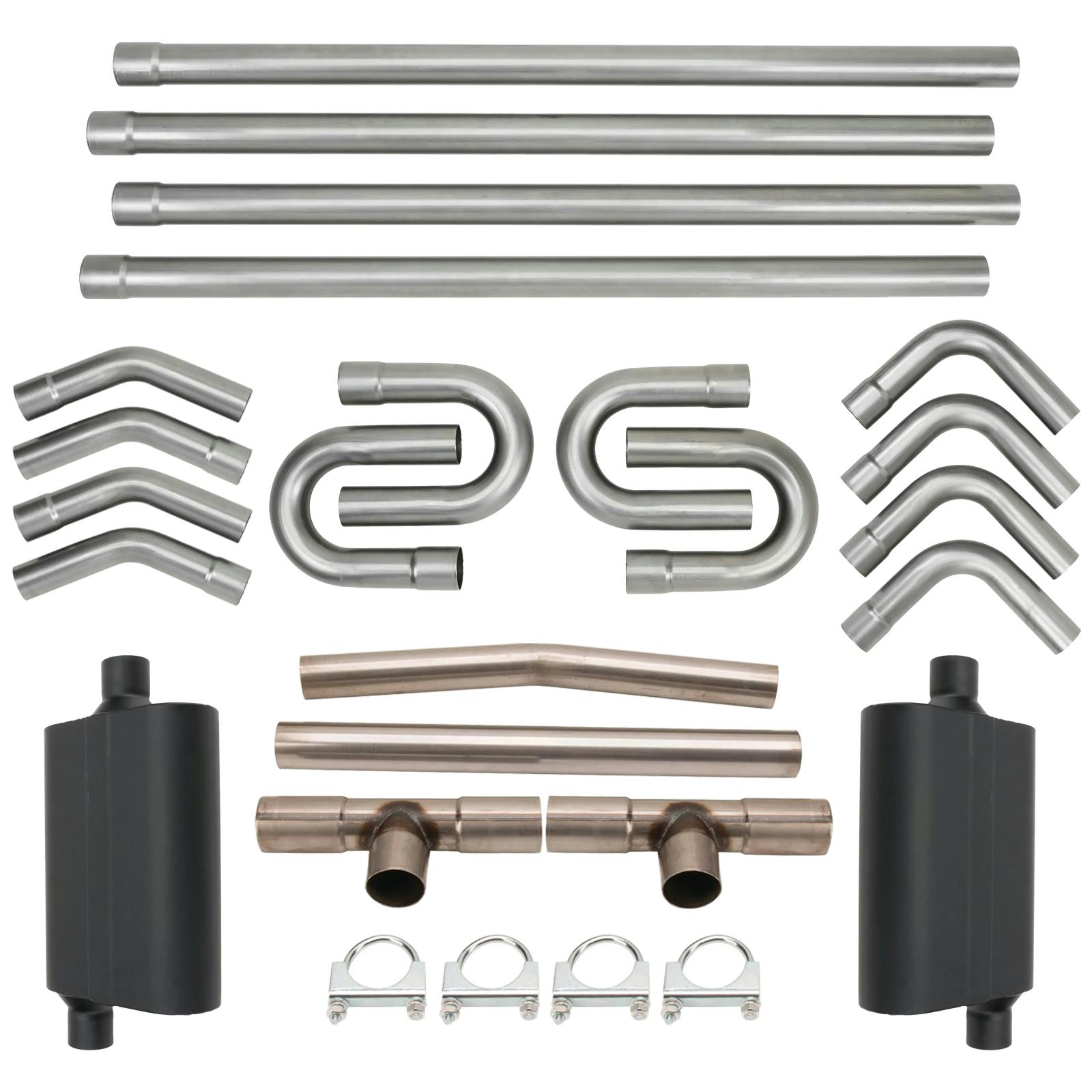 2.25 Inch Dual Exhaust H-Pipe System with Mufflers, Mild Steel