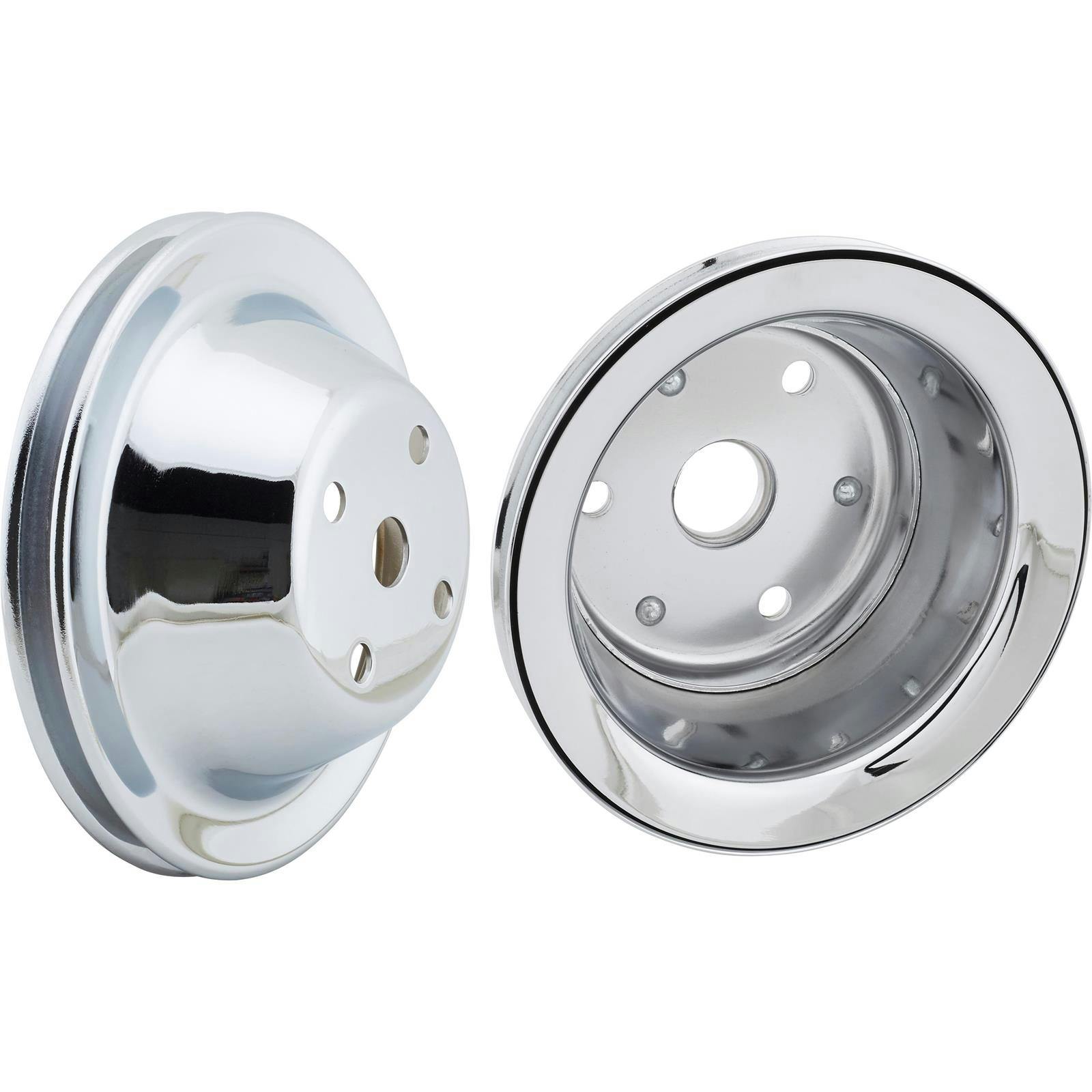 Small Block Chevy Chrome Single Groove Pulley Set, Long Pump