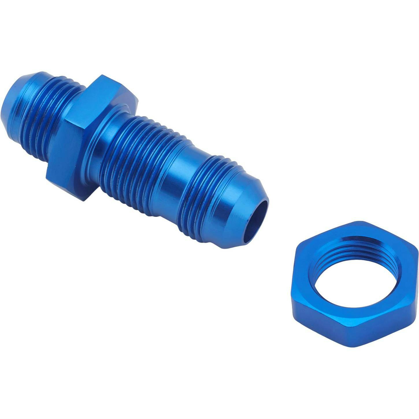 Straight Aluminum Bulkhead Flare Fitting and Jam Nut, Blue, -8AN