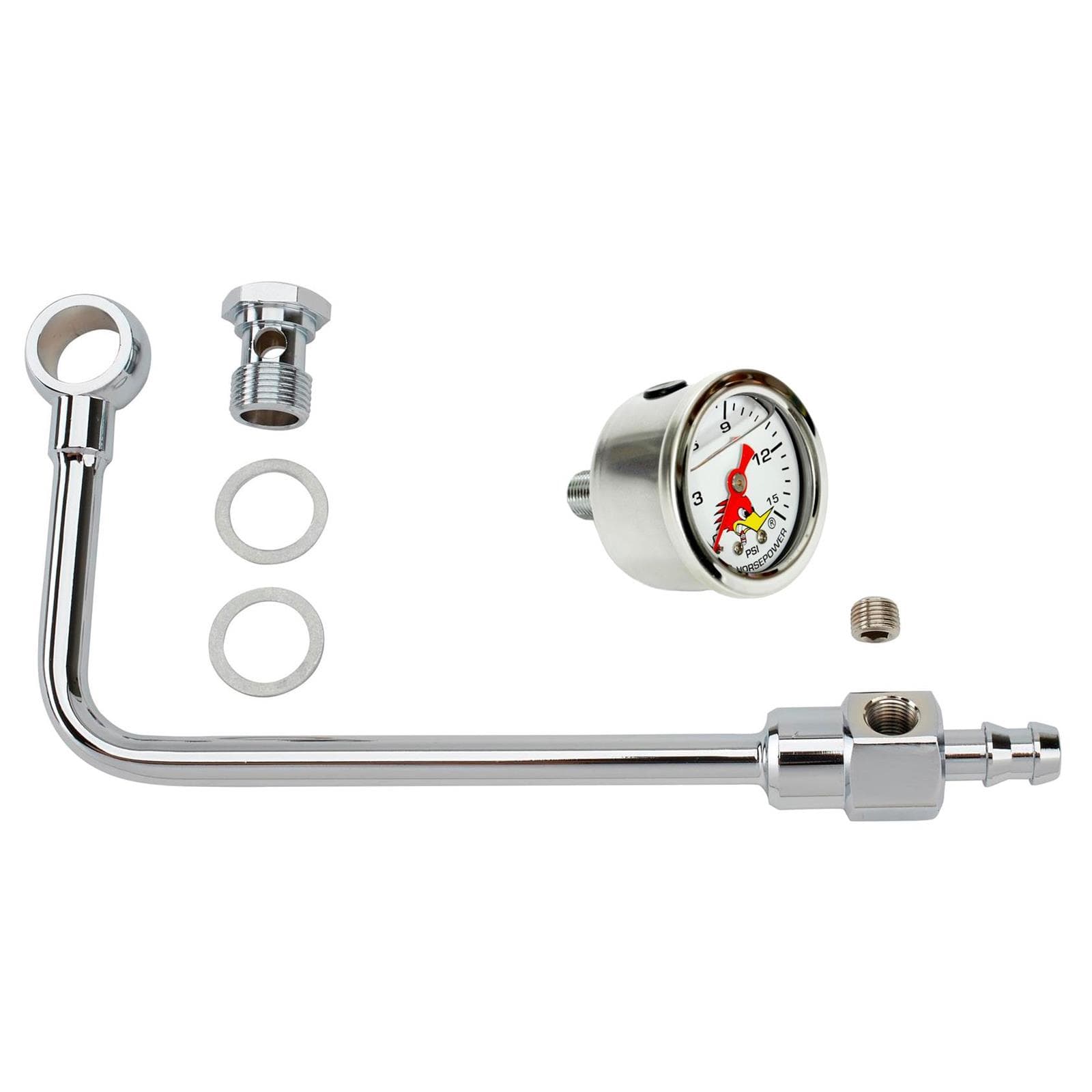 Edelbrock 8126 Chrome Fuel Line w/ Mr Horsepower Fuel Press Gauge