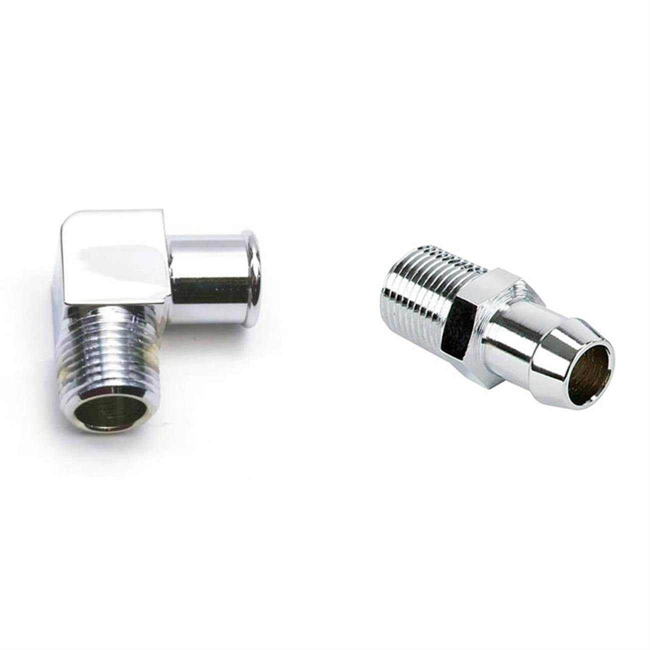 Chrome Heater Hose Fitting Set, 5/8 Inch Hose, 1/2NPT-Barb, 90Deg