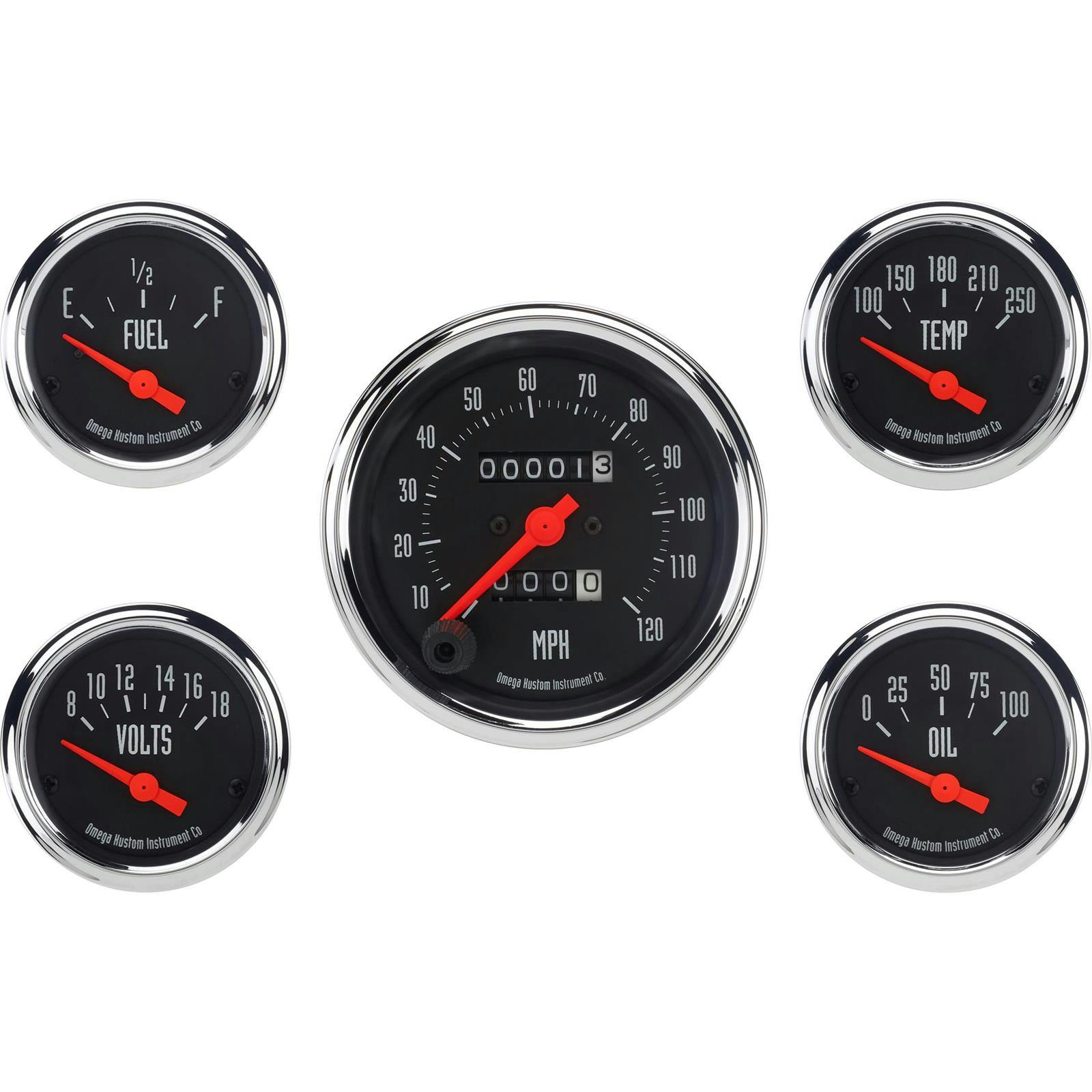 Omega Kustom 5-Gauge Set, 3-3/8 Inch Mechanical Speedometer