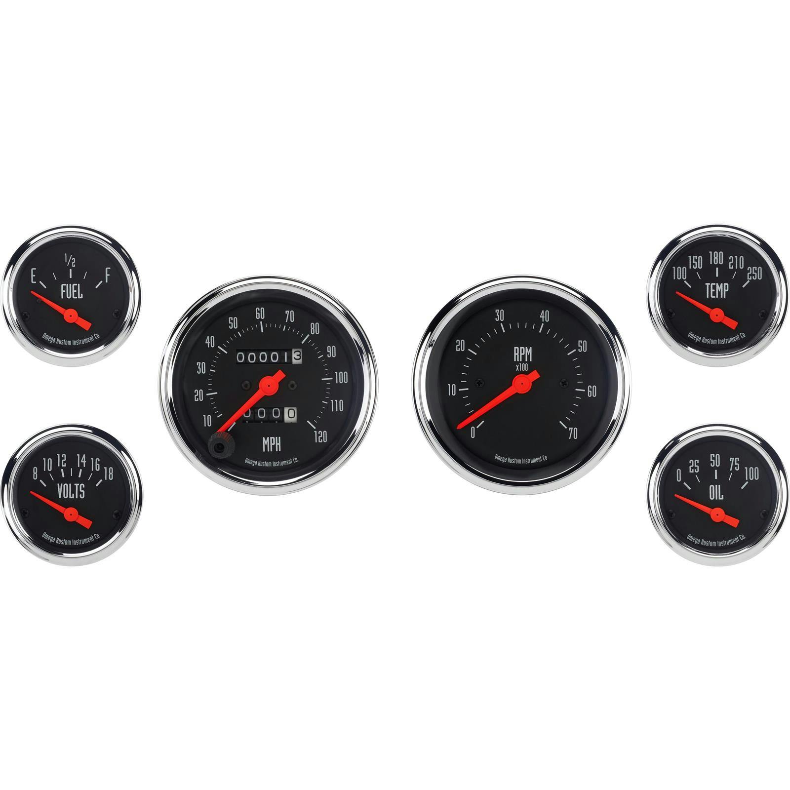 Omega Kustom 6-Gauge Set, 3-3/8 Inch Mechanical Speedometer