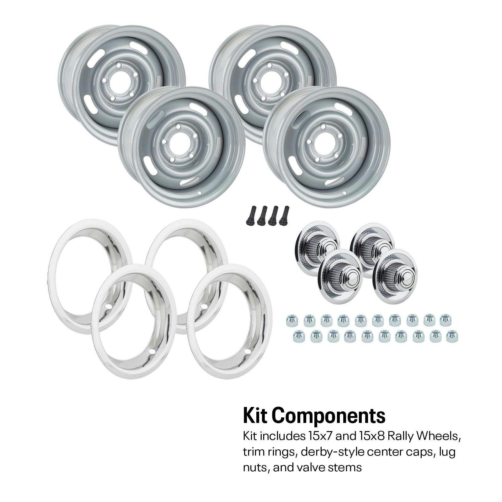 GM Style Rally Wheels, Beauty Rings, Derby Caps, 5 on 4.75, Silv.