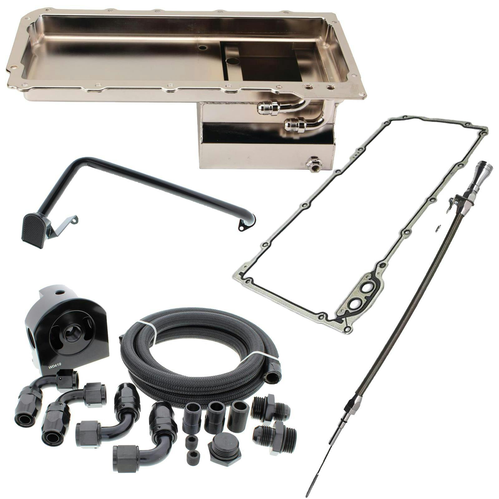 LS Swap Conversion Low Profile Oil Pan Kit Chrome, 90 Degree 10AN