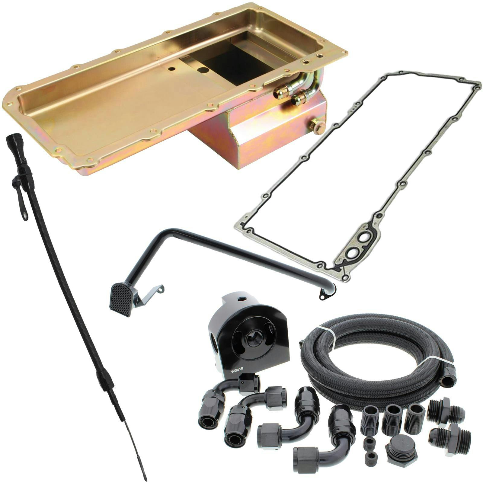 LS Swap Conversion Low Profile Oil Pan Kit, Zinc, 90 Degree 10AN