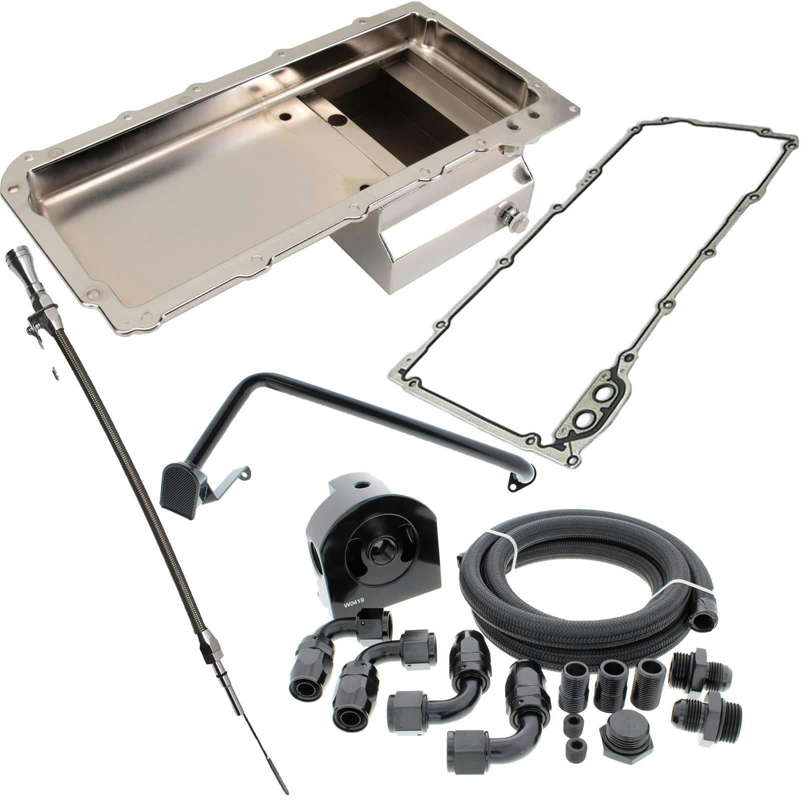 LS Engine Swap Conversion Low Profile Oil Pan Kit, Chrome, 10 AN