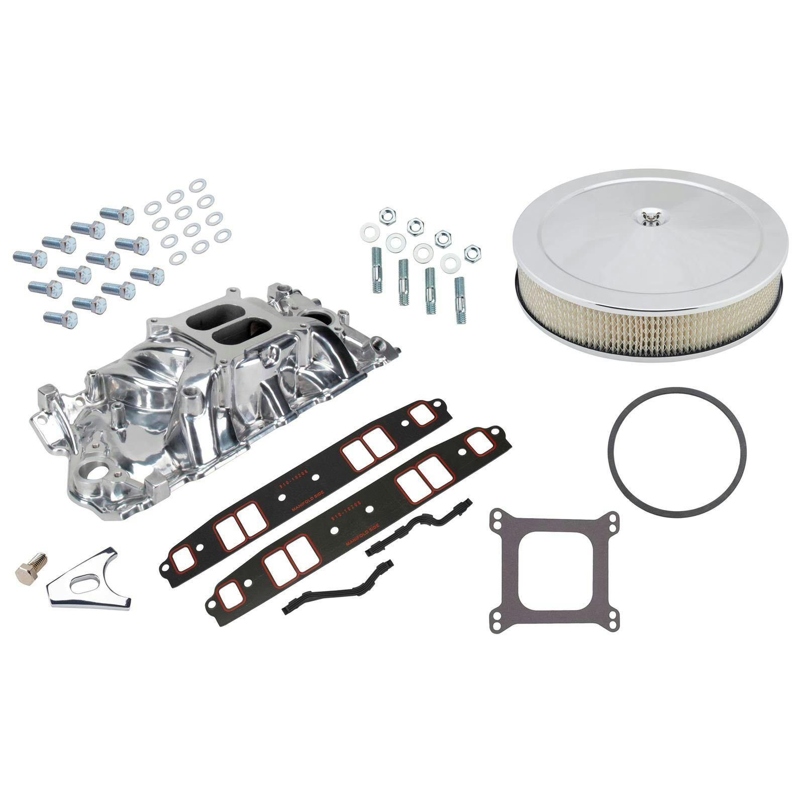 1957-86 SBC Intake Manifold Kit w/ Gaskets & Air Cleaner, Polish