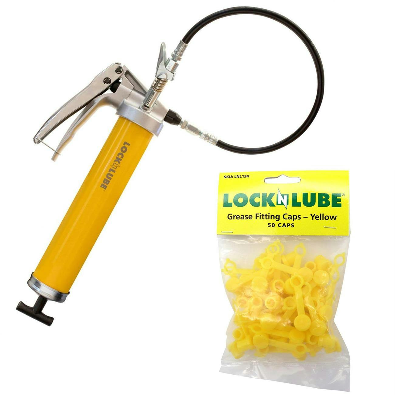 LockNLube Pistol Grip Pro Grease Gun With 50 Fitting Caps