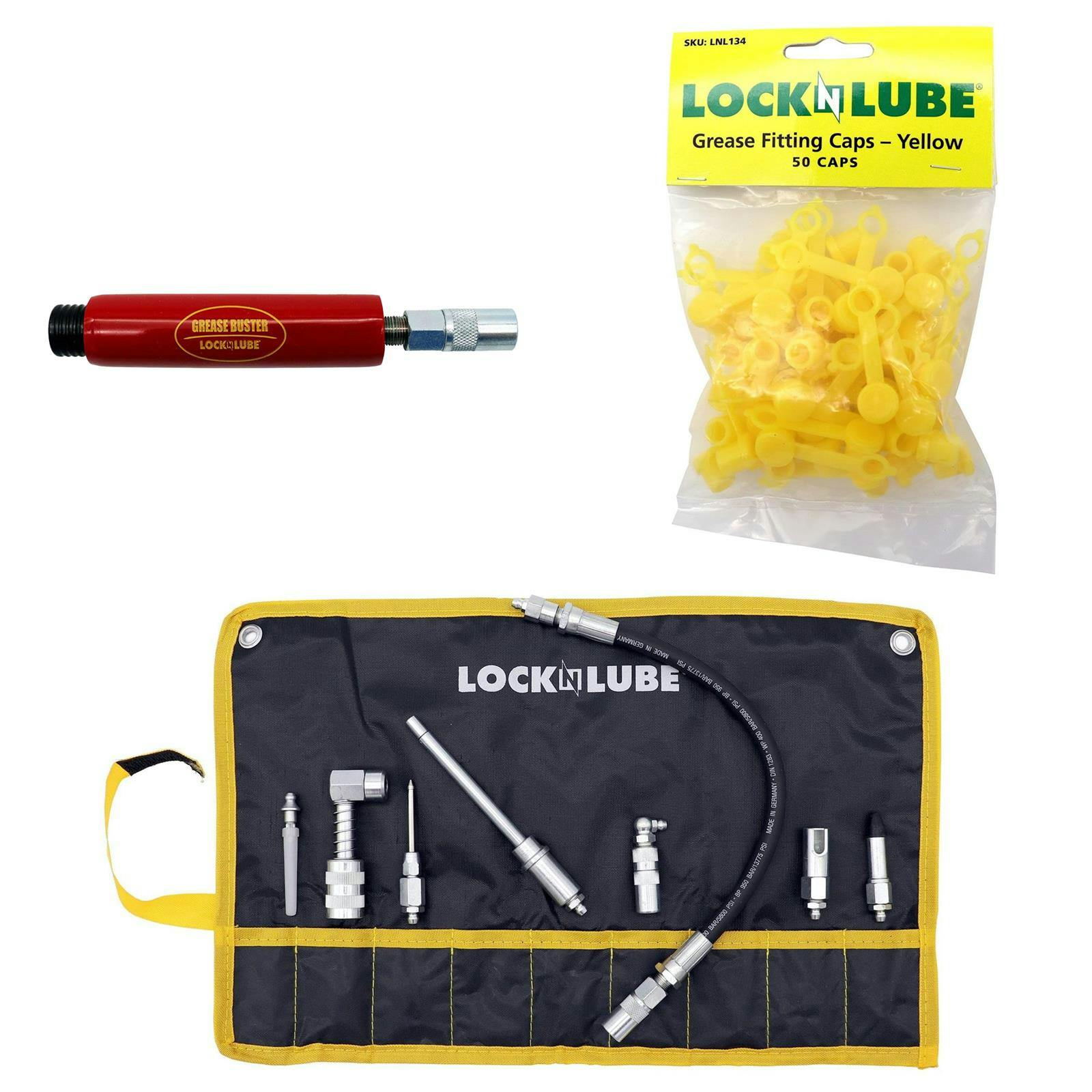 LockNLube Fittings Kit, Grease Buster, Quick Connects, 50 Caps